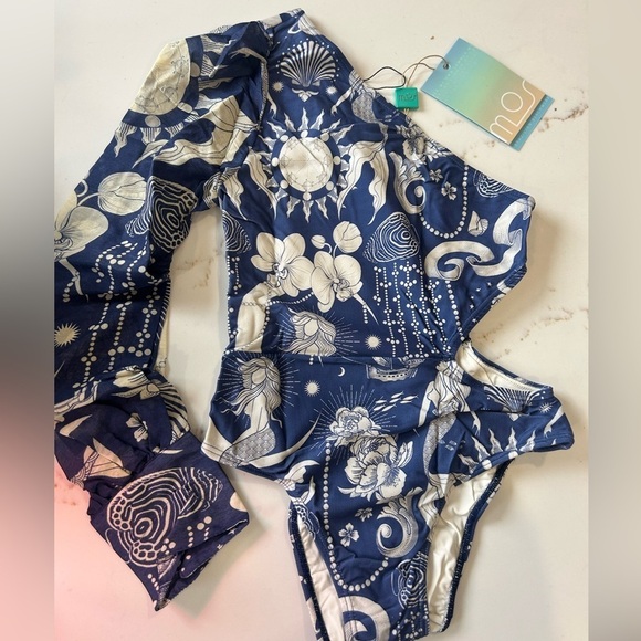 MOS Blue and White Floral one shoulder Long Sleeve Brazilian Swimsuit NWT - Picture 1 of 7